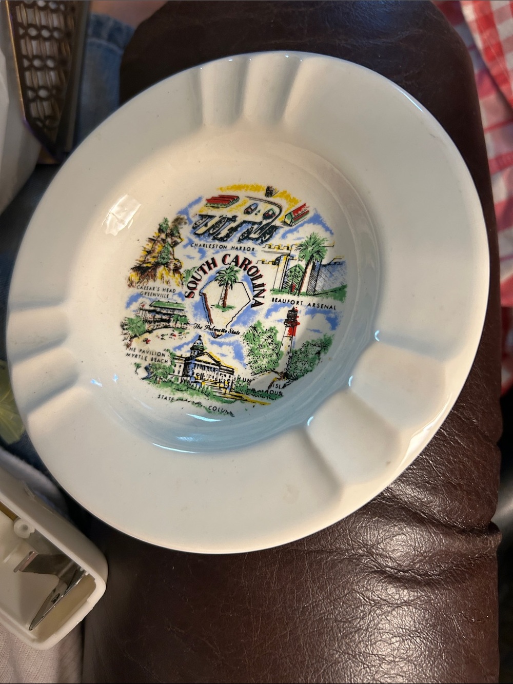 Vintage South Carolina White Ceramic Souvenir Ashtray with Multicolor Map